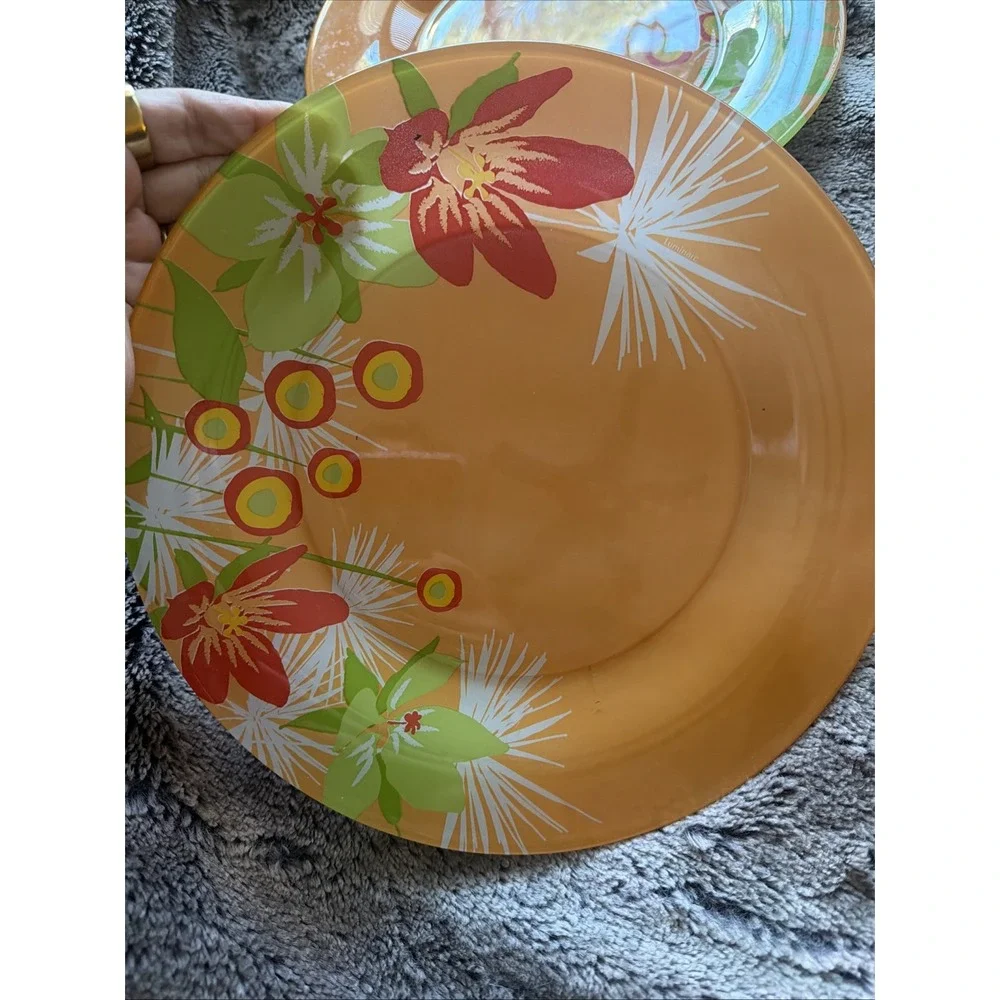 Vintage Retro Luminarc 5 Dinner Plates Orange Pop Flower Tempered Glass Floral